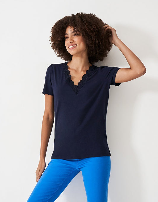 Navy Lace Insert Short Sleeve T-shirt